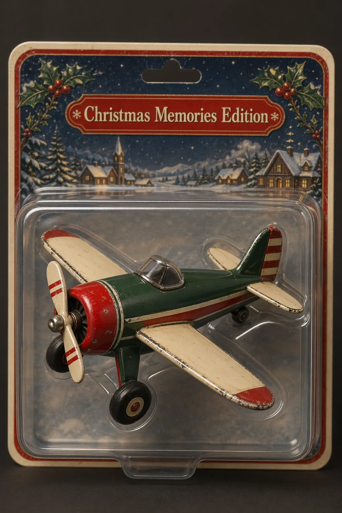 Коллекционная фигурка игрушечного самолётика в блистере «Christmas Memories Edition» — gpt-image-2