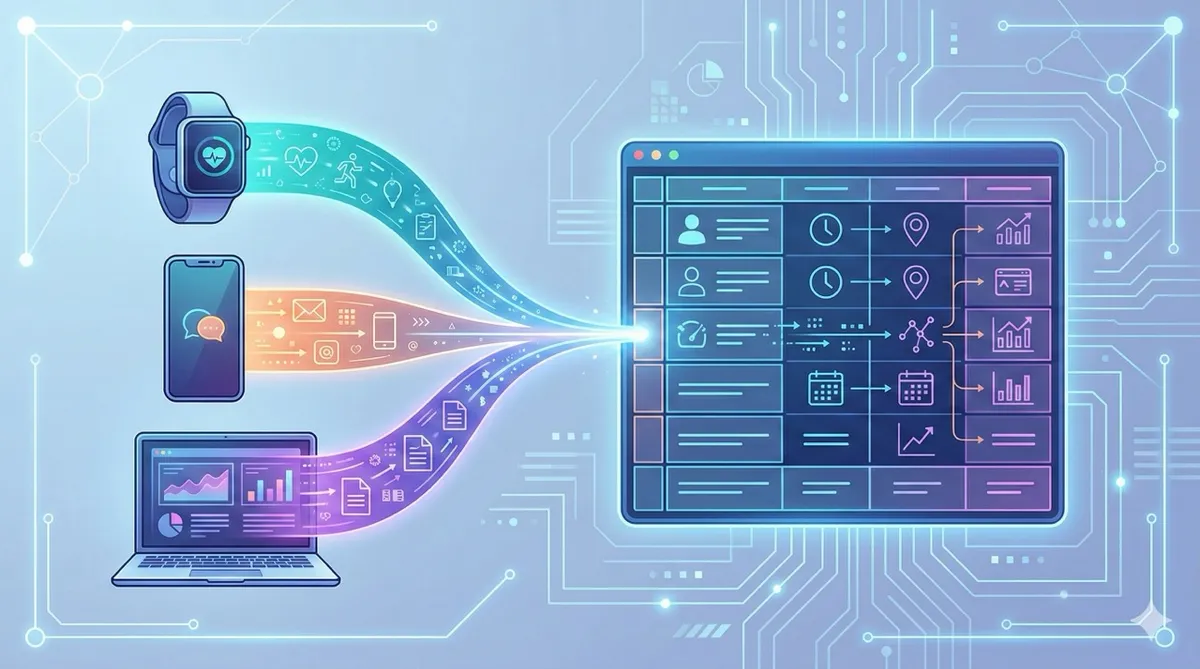 🎨 [ПРОМПТ]: Analytical, precise, pedagogical, structured, professional illustration of three data streams flowing from a smartwatch, a phone, and a laptop screen converging into a single structured database card, 16:9 aspect ratio, no text, no writing, no letters, tech blog cover