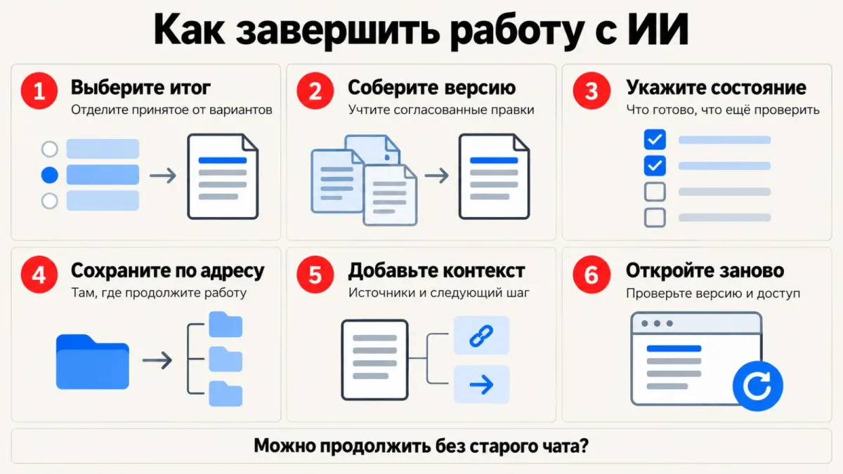 Шесть шагов от обсуждения к сохранённой работе.