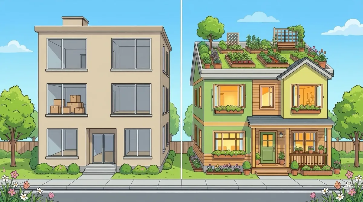 🎨 [ПРОМПТ]: Analytical, precise, pedagogical, structured, professional illustration of a bright spring street with two houses side by side, left — a plain rental apartment with cardboard boxes and a bare interior visible through the window, right — a cozy custom-built home with a rooftop garden, open windows, warm light pouring out, cheerful green and yellow tones, clear blue sky, 16:9 aspect ratio, no text, no writing, no letters, tech blog cover