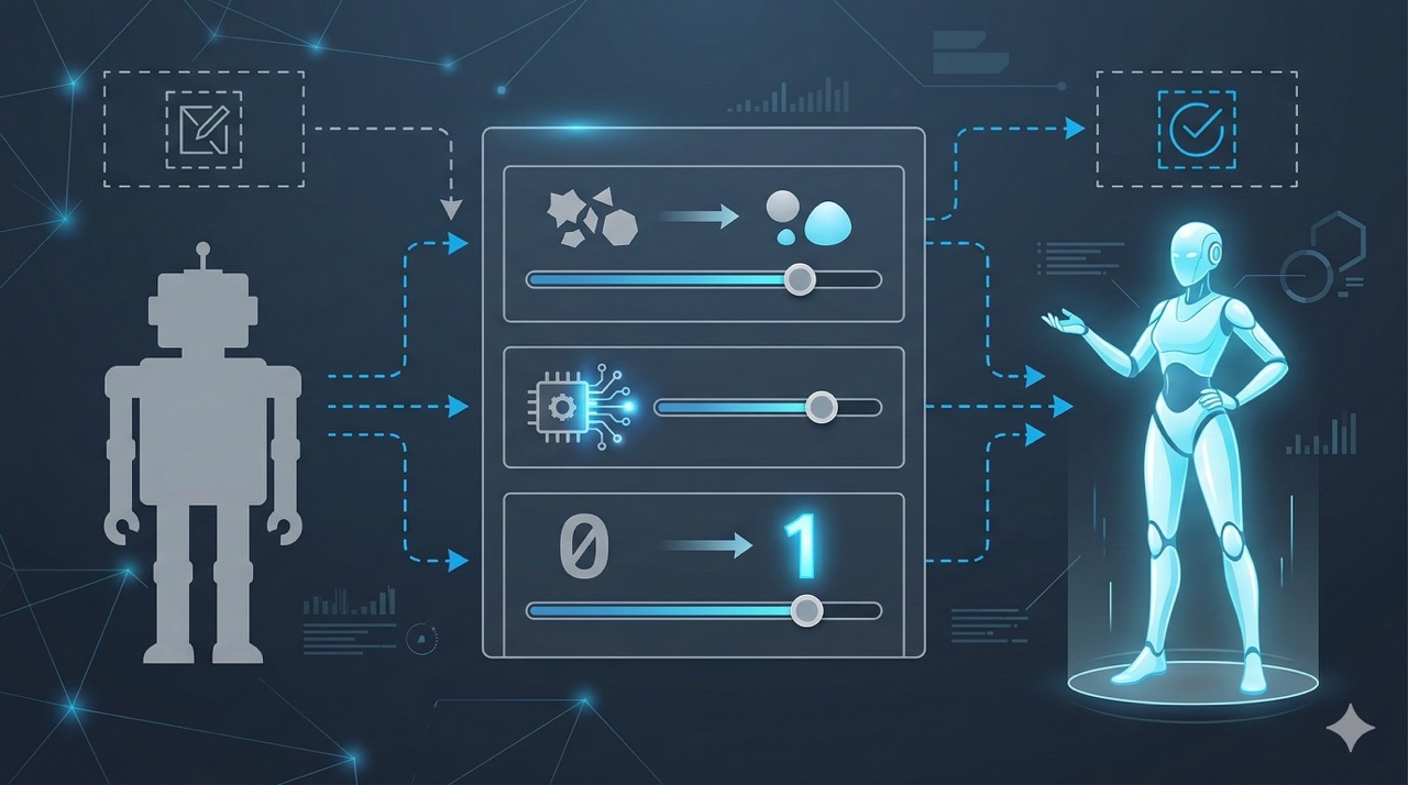 🎨 [ПРОМПТ]: Analytical, precise, pedagogical, structured, professional illustration of a configuration blueprint with labeled sliders transforming a bland robot silhouette into a sharp modern assistant figure, 16:9 aspect ratio, no text, no writing, no letters, tech blog cover