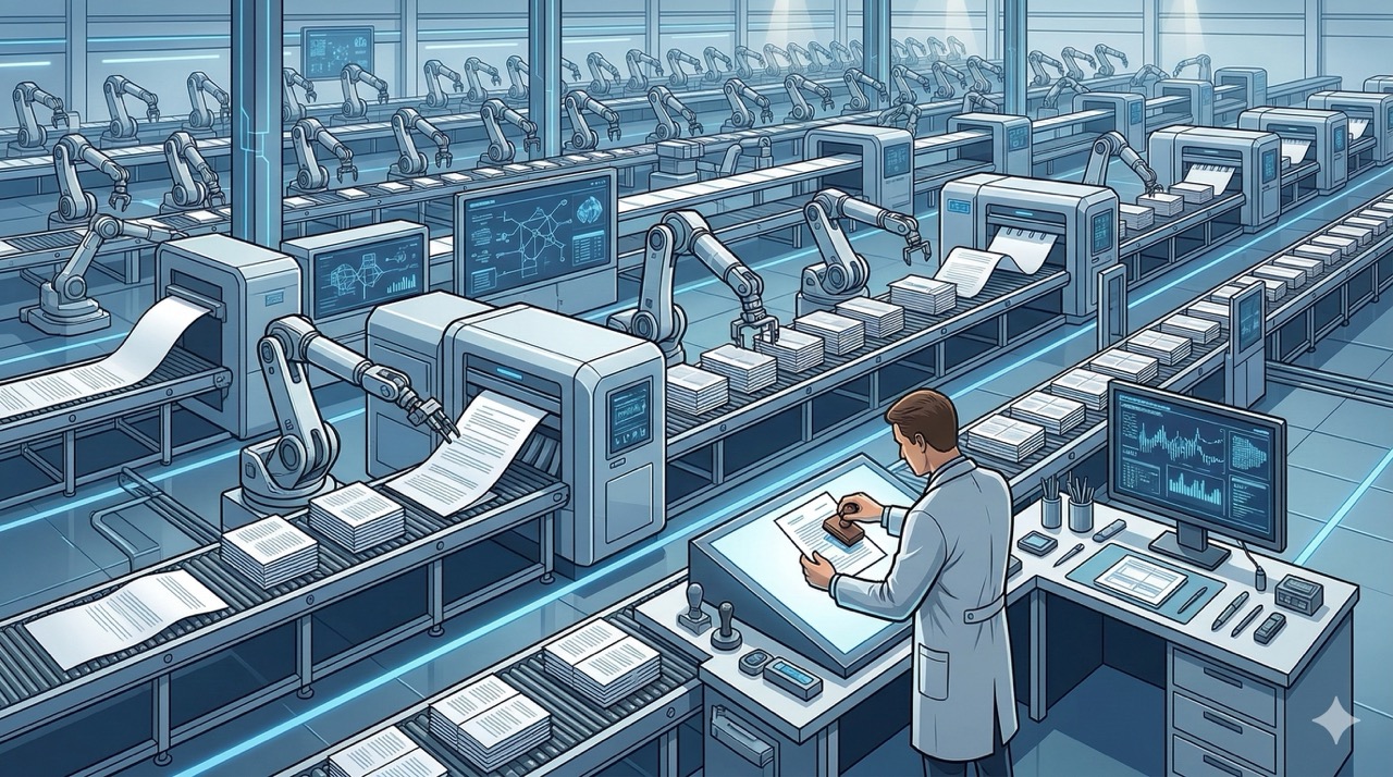 🎨 [ПРОМПТ]: Analytical, precise, pedagogical, structured, professional illustration of a vast automated factory with AI robots producing infinite identical documents, while a single human figure carefully examines and stamps one of them, 16:9 aspect ratio, no text, no writing, no letters, tech blog cover