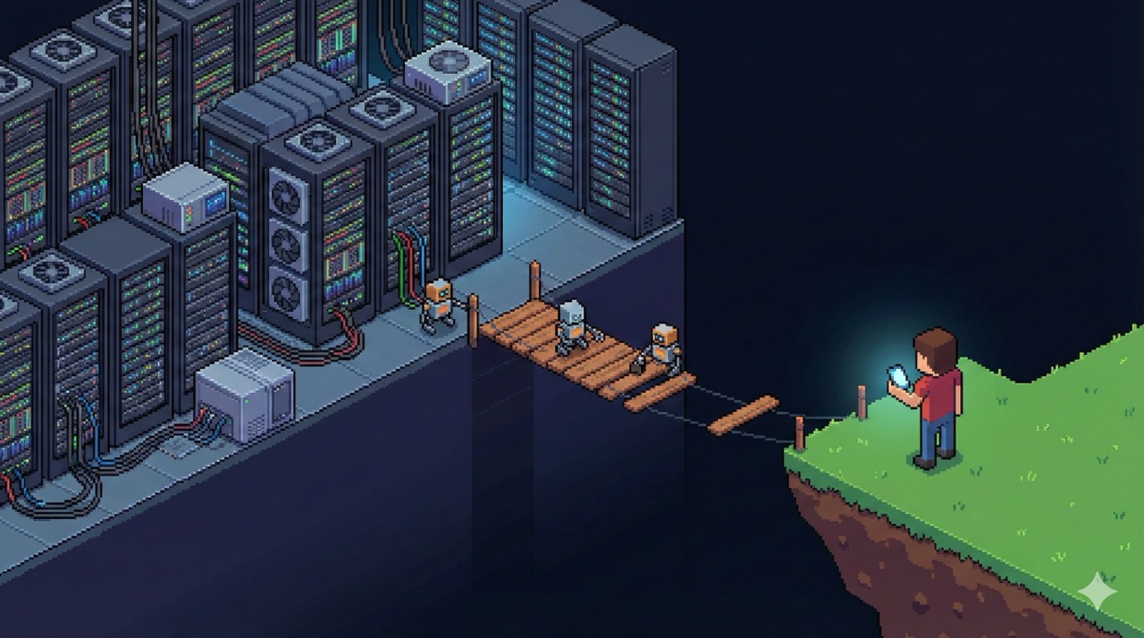 🎨 [ПРОМПТ]: Isometric pixel art of a character stats screen floating above a real desk with a laptop and coffee, showing XP bars and skill levels, 16:9 aspect ratio, no text, no writing, no letters, tech blog cover