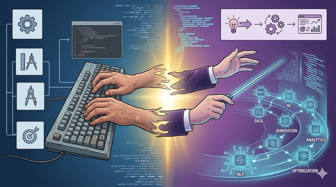 🎨 [ПРОМПТ]: Analytical, precise, pedagogical, structured, professional illustration of a transformation journey showing a craftsman's hands on a keyboard morphing into a conductor's hands directing an orchestra of AI agents, with abstract code flowing in the background, 16:9 aspect ratio, no text, no writing, no letters, tech blog cover