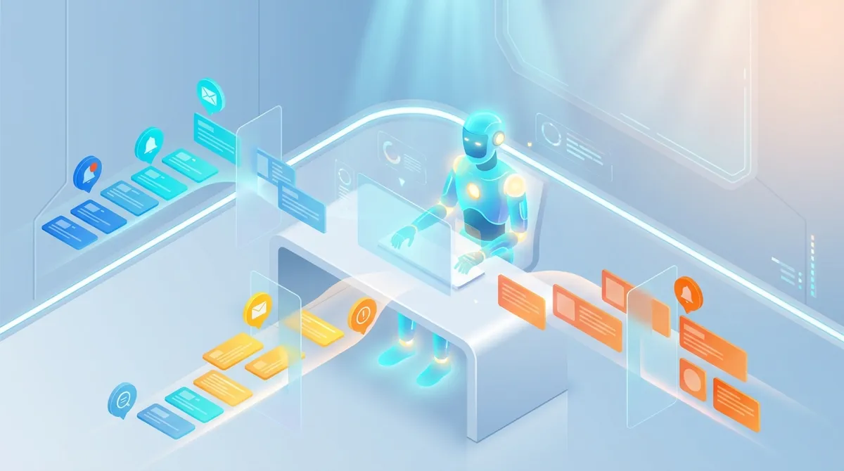 🎨 [ПРОМПТ]: Analytical, precise, pedagogical, structured, professional illustration of a glowing AI robot assistant sitting at a desk surrounded by dozens of floating task cards and notification bubbles, organized into color-coded pipelines, 16:9 aspect ratio, no text, no writing, no letters, tech blog cover