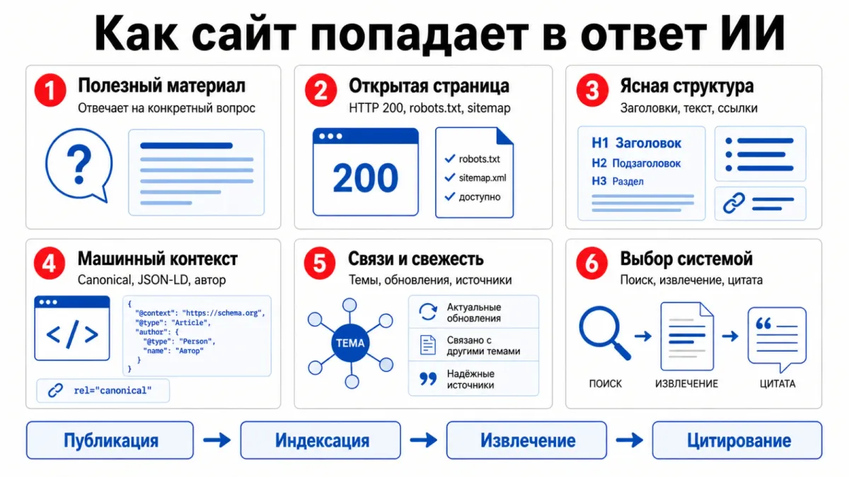 Путь от полезной страницы до цитаты проходит через доступность, структуру, контекст, связи и выбор системой.