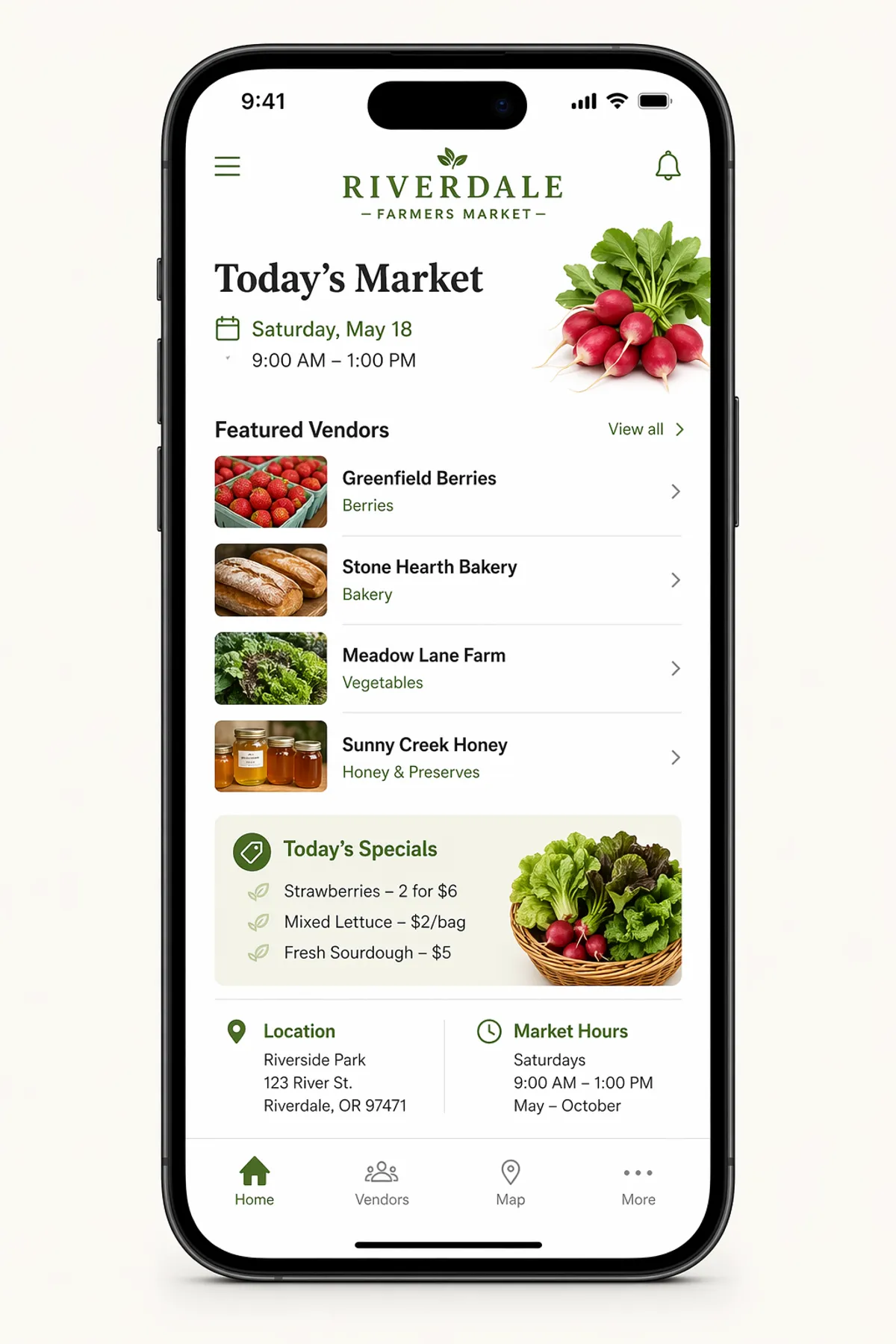 UI-макет приложения фермерского рынка в рамке iPhone — gpt-image-2