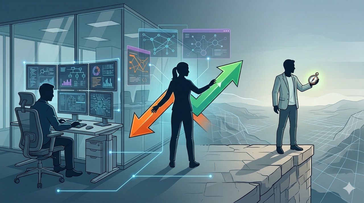 🎨 [ПРОМПТ]: Analytical, precise, pedagogical, structured, professional illustration of three human silhouettes in distinct roles: one auditing data on screens, one mediating between two conflicting arrows, one standing at the edge of an unmapped territory with a compass, 16:9 aspect ratio, no text, no writing, no letters, tech blog cover