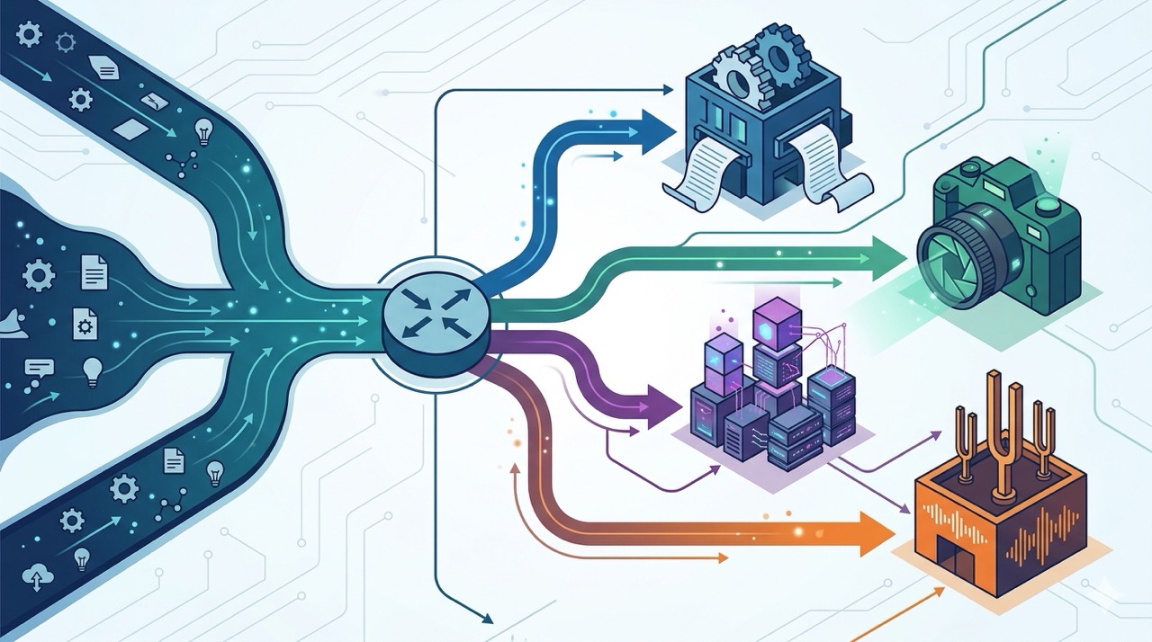 🎨 [ПРОМПТ]: Analytical, precise, pedagogical, structured, professional illustration of a routing diagram where different task types flow to specialized AI models like streams branching from a river, each model represented as a distinct tool or workshop, 16:9 aspect ratio, no text, no writing, no letters, tech blog cover