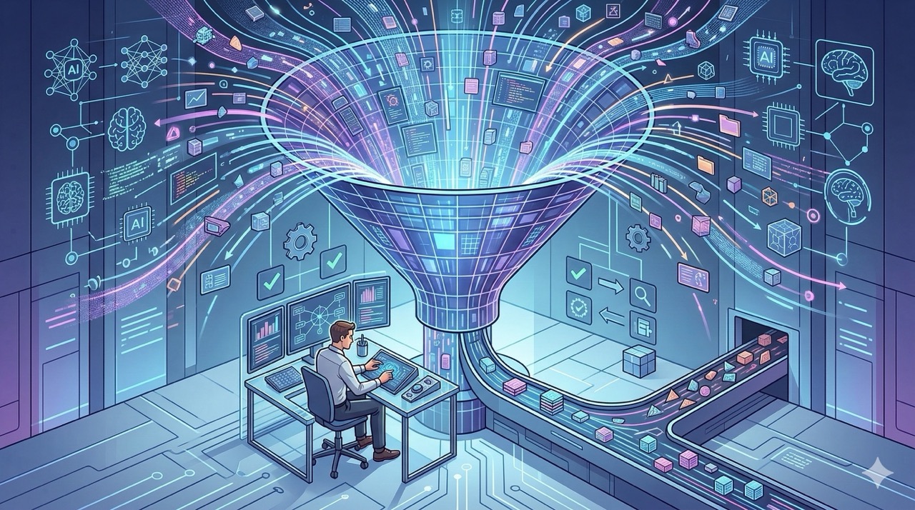🎨 [ПРОМПТ]: Analytical, precise, pedagogical, structured, professional illustration of a bottleneck funnel with infinite data streams flowing in from AI systems and a focused human inspector carefully filtering outputs at the narrow end, 16:9 aspect ratio, no text, no writing, no letters, tech blog cover