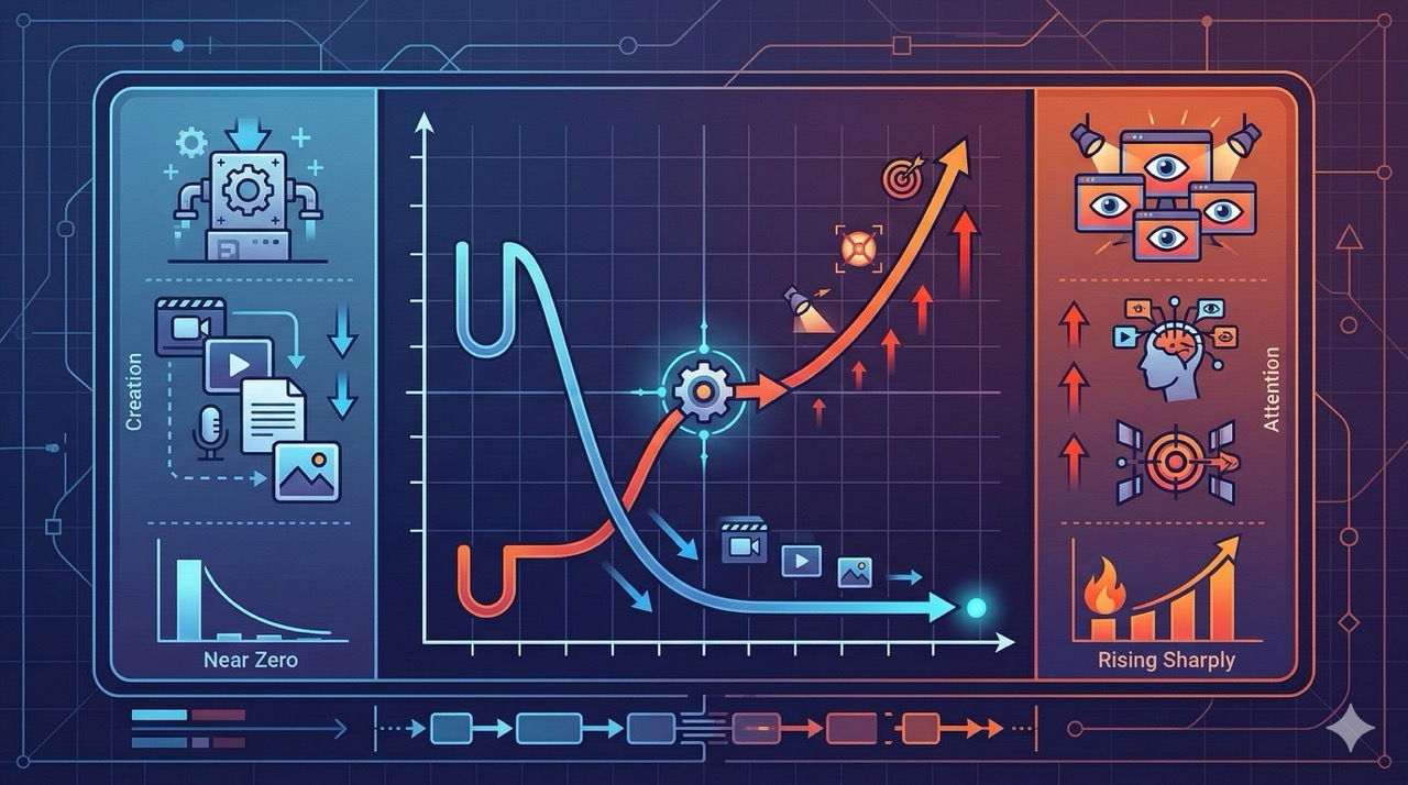 🎨 [ПРОМПТ]: Analytical, precise, pedagogical, structured, professional illustration of a cost curve chart where the marginal cost of content creation drops to near zero, while the attention cost rises sharply, 16:9 aspect ratio, no text, no writing, no letters, tech blog cover