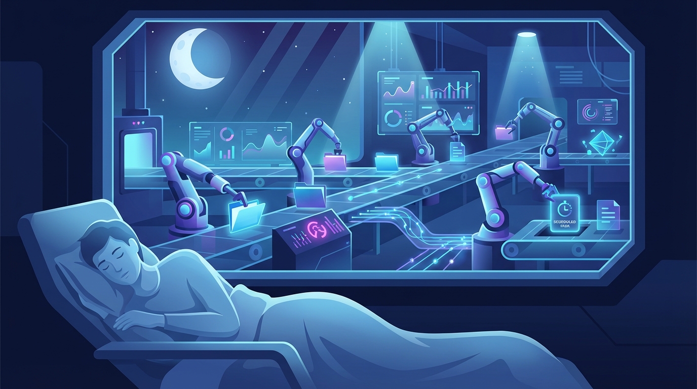 🎨 [ПРОМПТ]: Analytical, precise, pedagogical, structured, professional illustration of a sleeping person while autonomous AI agents perform scheduled tasks in the background like factory robots working a night shift, moonlit digital workspace, 16:9 aspect ratio, no text, no writing, no letters, tech blog cover