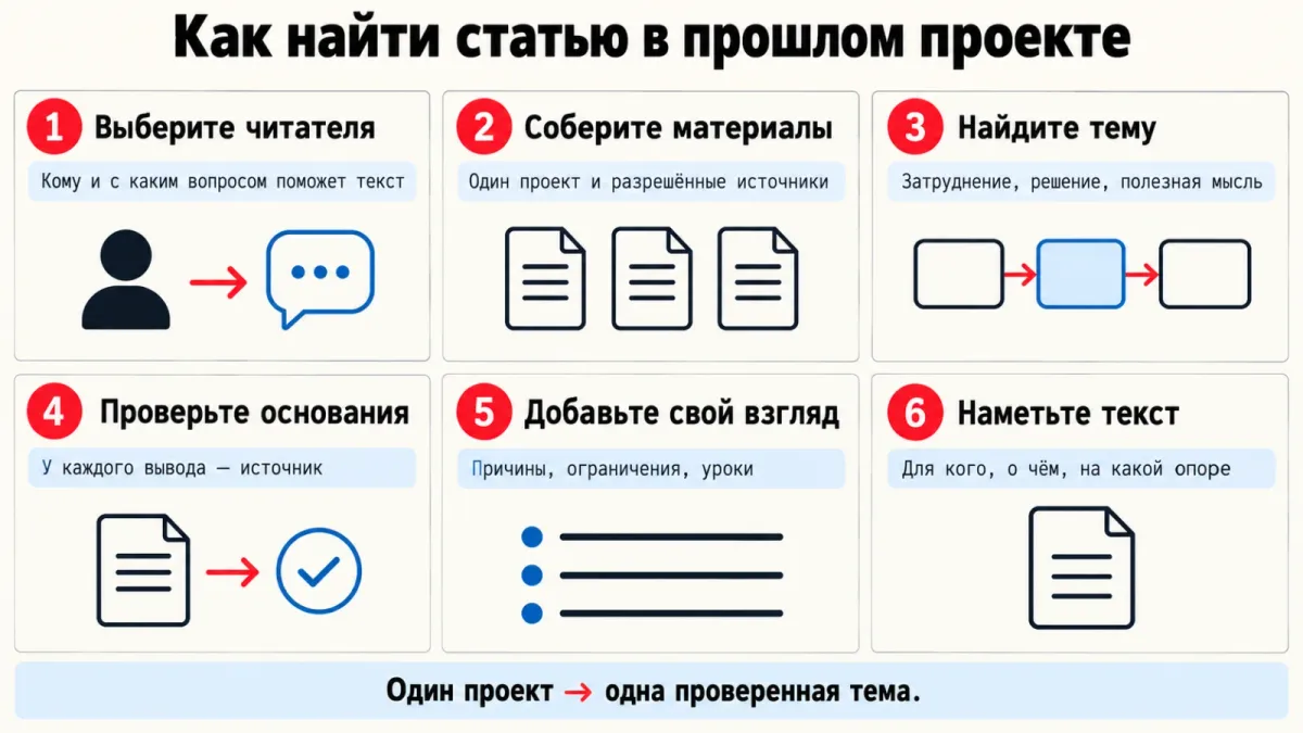 Шесть шагов от материалов завершённого проекта к одной проверенной теме.