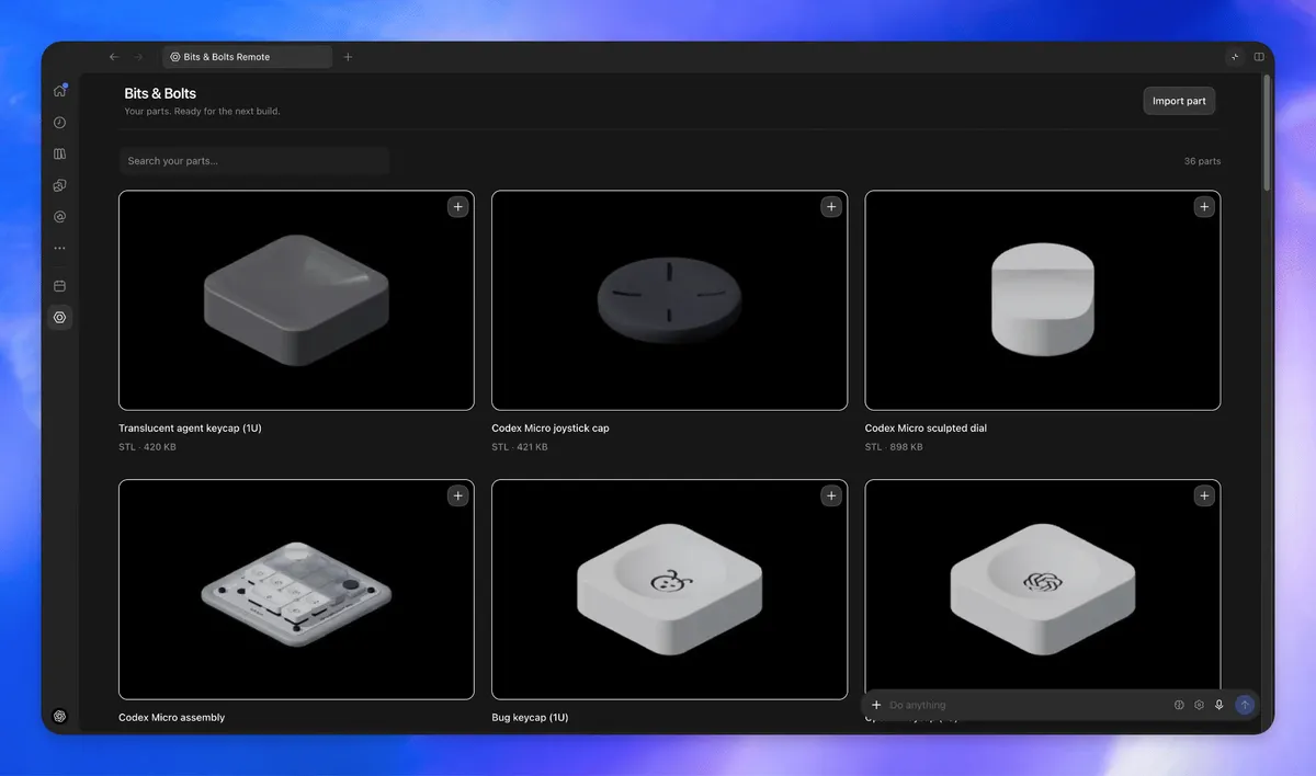 Каталог деталей Bits &amp; Bolts, открытый из боковой панели. Источник: OpenAI, репозиторий mcp-extensions.
