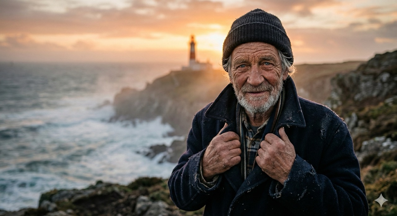 Close-up portrait of an elderly lighthouse keeper, weathered face with deep wrinkles and kind blue eyes, standing at the edge of a cliff at golden hour. The warm sunset light catches every detail of his grey stubble and worn wool coat. Ocean mist in the background. Photorealistic, 4K, cinematic depth of field.