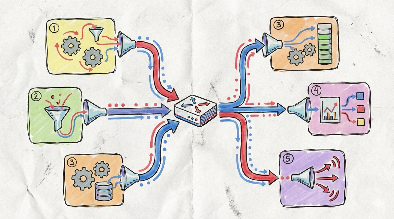 🎨 [ПРОМПТ — Workshop Style]: Hand-drawn marker-style conceptual diagram on textured paper of a modular system where a small central router box sends data through arrows to different specialized stations, hand-colored pastel fills, red and blue marker accents, numbered panels showing the routing logic, analog paper grain, wobbly ink lines, visual metaphor with funnels and flow paths, 16:9 aspect ratio, no text, no writing, no letters, tech blog cover