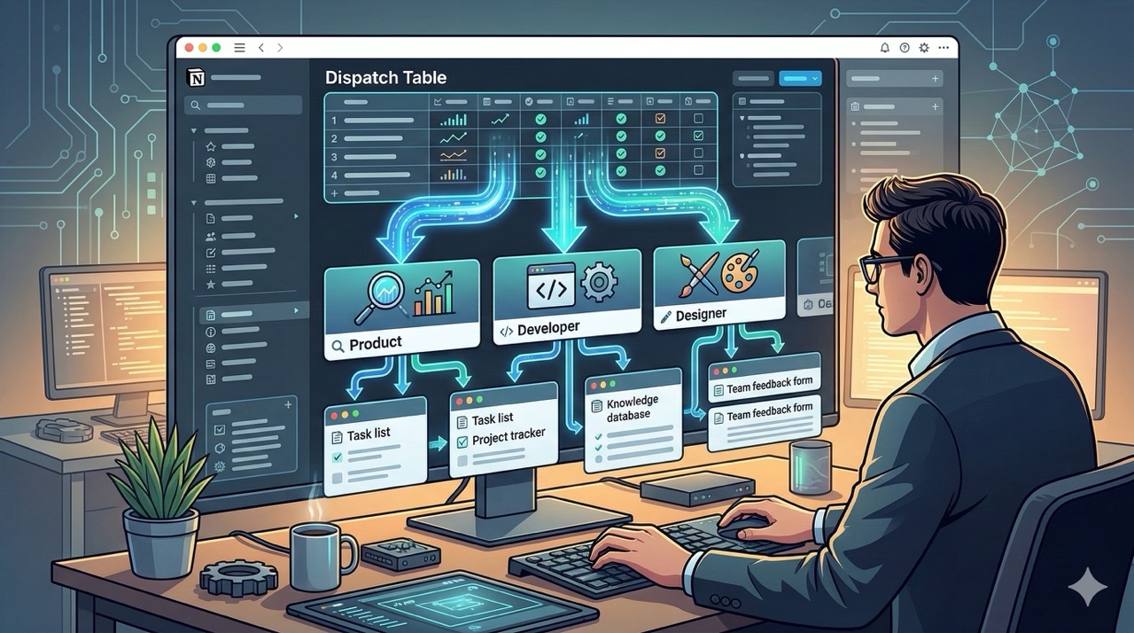 🎨 [ПРОМПТ]: Analytical, precise, pedagogical, structured, professional illustration of a developer setting up a Notion workspace with AI routing arrows flowing from a dispatch table through role cards down to skill modules, 16:9 aspect ratio, no text, no writing, no letters, tech blog cover