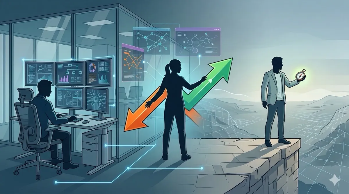 🎨 [ПРОМПТ]: Analytical, precise, pedagogical, structured, professional illustration of three human silhouettes in distinct roles: one auditing data on screens, one mediating between two conflicting arrows, one standing at the edge of an unmapped territory with a compass, 16:9 aspect ratio, no text, no writing, no letters, tech blog cover