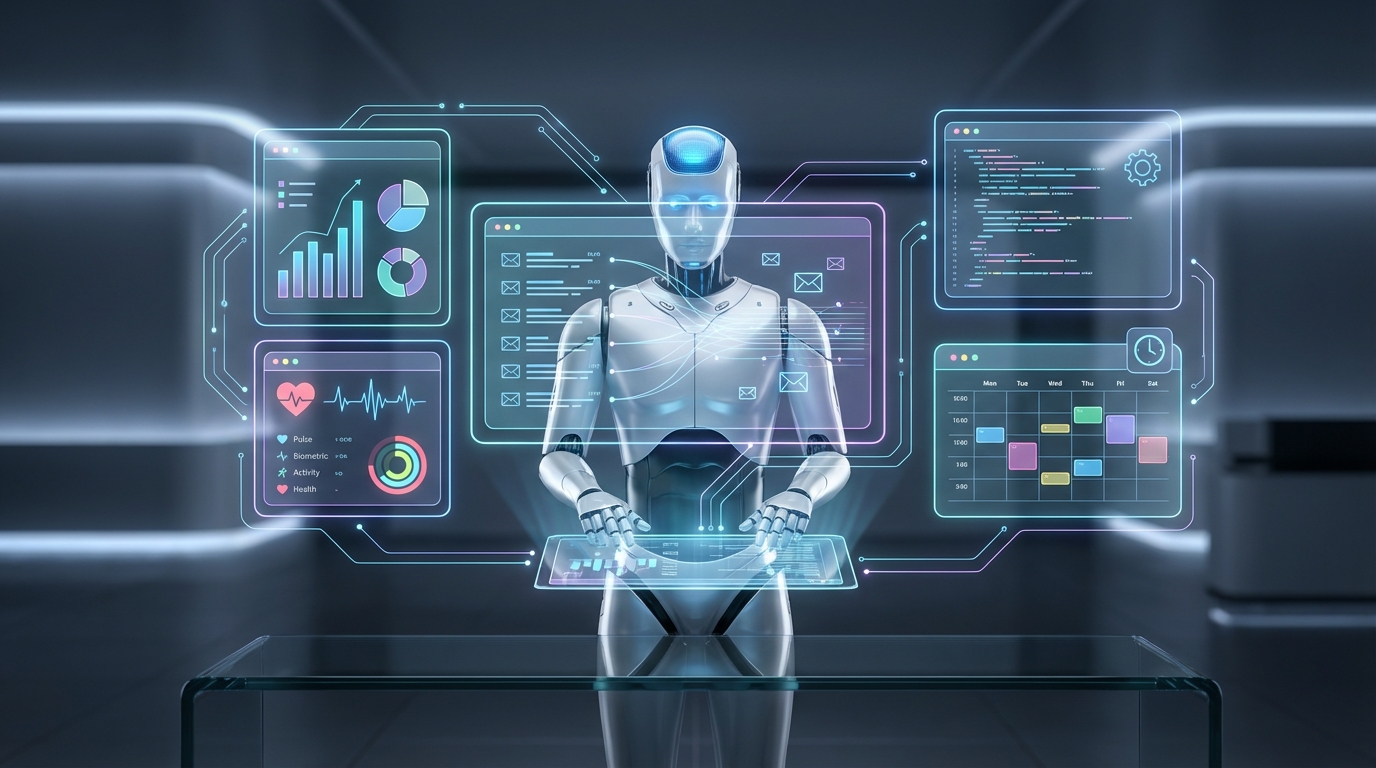 🎨 [ПРОМПТ]:  Analytical, precise, pedagogical, structured, professional illustration of a personal AI robot managing a dashboard of life systems: email, finance, health metrics, code and calendar, all interconnected with glowing data flows, 16:9 aspect ratio, no text, no writing, no letters, tech blog cover