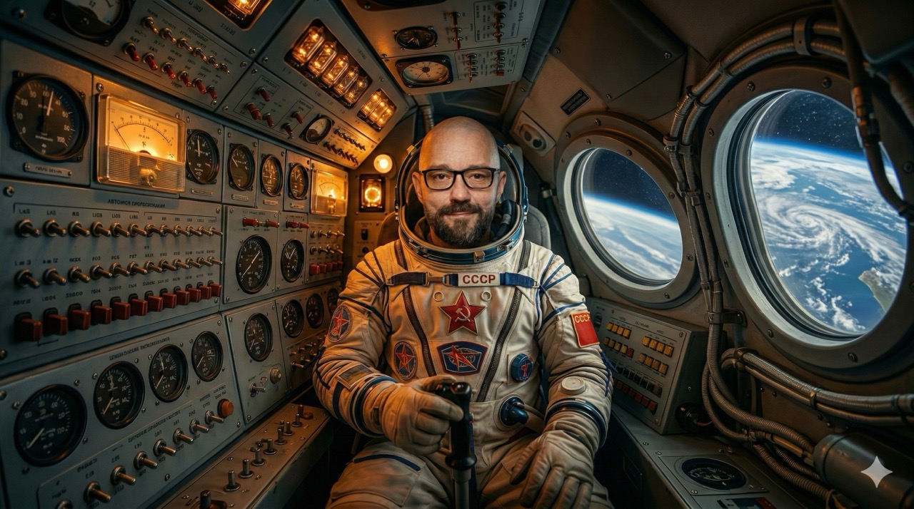 Take this photo and transform the person into a legendary 1970s Soviet cosmonaut preparing for launch. Dress them in a full vintage space suit with the USSR emblem on the chest, place them inside a cramped retro rocket cockpit lit by analog dials and warm amber instrument light. Keep the person's face exactly as it is — same expression, same features. Cinematic, photorealistic, IMAX quality.