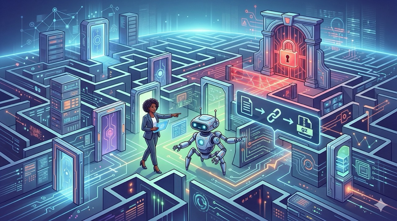 🎨 [ПРОМПТ]: Analytical, precise, pedagogical, structured, professional illustration of a labyrinth of API endpoints with one “official” door locked and a hidden side door labeled content_list → data_link → .gz, a consultant and an AI agent navigating the maze, 16:9 aspect ratio, no text, no writing, no letters, tech blog cover