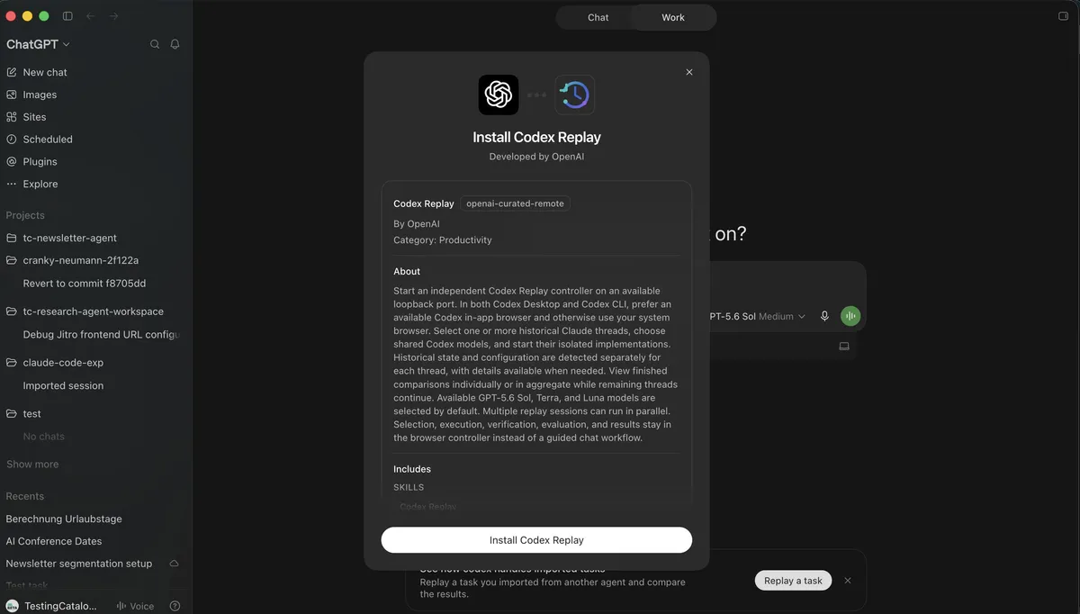 Скриншот из публикации TestingCatalog о Codex Replay.