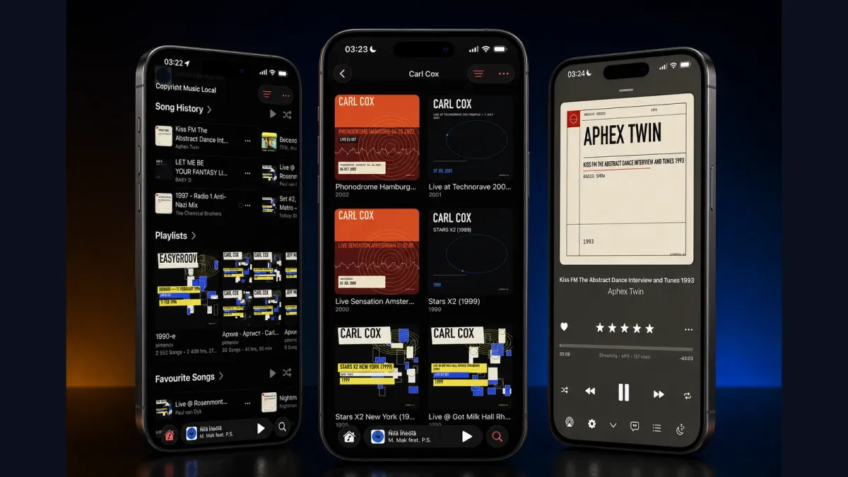 Архив танцпола на iPhone: библиотека, карточки миксов и отдельные коллекции артистов.