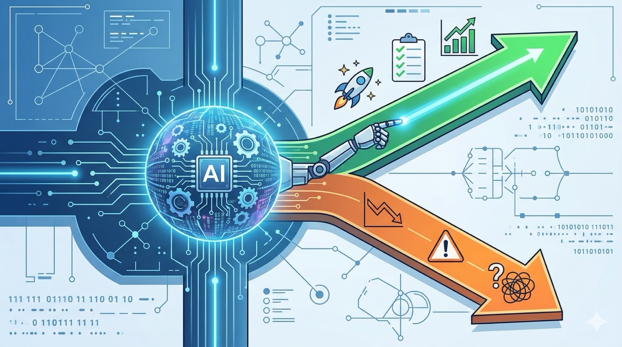🎨 [ПРОМПТ]: Analytical, precise, pedagogical, structured, professional illustration of two diverging arrows labeled with decision outcomes, with a central AI node confidently pointing to one path, 16:9 aspect ratio, no text, no writing, no letters, tech blog cover