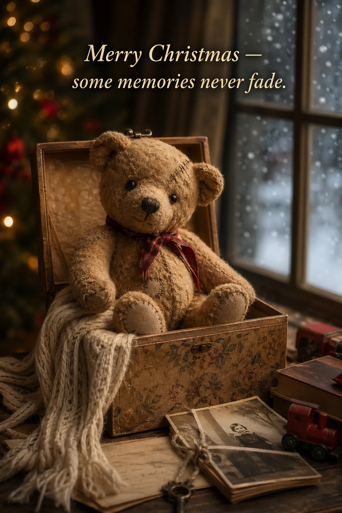 Рождественская открытка с плюшевым мишкой и текстом «Merry Christmas — some memories never fade.» — gpt-image-2