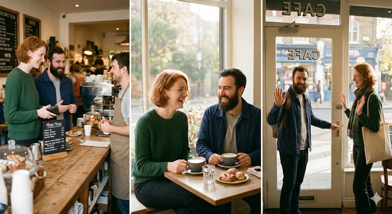 A cozy coffee shop scene with two friends: a tall woman with short red hair wearing a green sweater, and a bearded man in a navy jacket. Shot 1: they are ordering at the counter. Shot 2: they sit by the window laughing. Shot 3: they wave goodbye at the door. Photorealistic, warm afternoon light, consistent characters across all three shots.