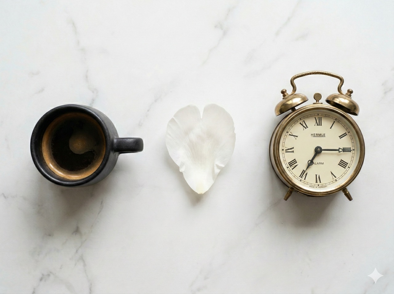 A flat-lay product photo on a white marble surface: a matte black ceramic espresso cup on the left, a small vintage alarm clock showing 7:15 on the right, and a single white peony petal between them. Soft diffused morning light from the top-left corner. 4:3 aspect ratio, ultra-sharp focus, no shadows under objects.