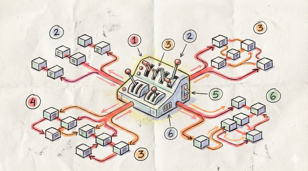 🎨 [ПРОМПТ — Workshop Style]: Hand-drawn marker-style conceptual diagram on textured paper of a glowing control panel with clearly labeled switches and gates routing different tasks to different processing units, sketchy ink outlines with red marker accents, pastel marker shading, numbered callouts, analog paper grain texture, visual metaphor with levers and flow arrows, 16:9 aspect ratio, no text, no writing, no letters, tech blog cover