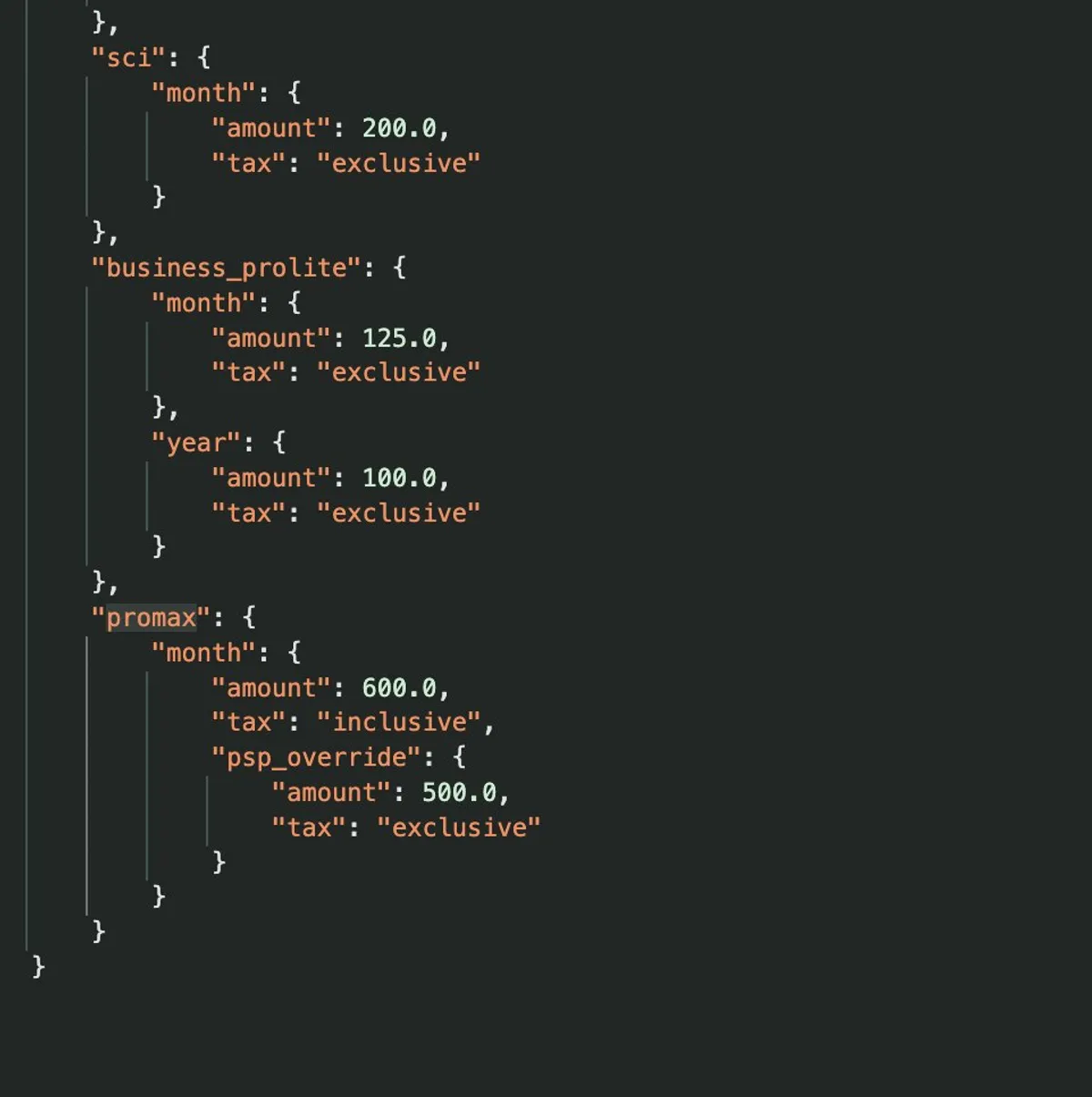 Фрагмент конфигурации, опубликованный TestingCatalog: promax, месячный период, 500 без налогов и 600 с налогом.