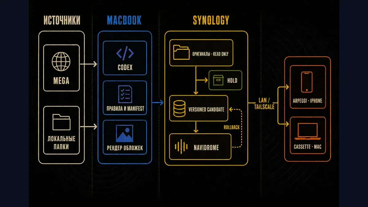 Контур медиасистемы: MacBook управляет, Synology хранит и обрабатывает, Navidrome индексирует, приложения дают доступ по LAN и Tailscale.