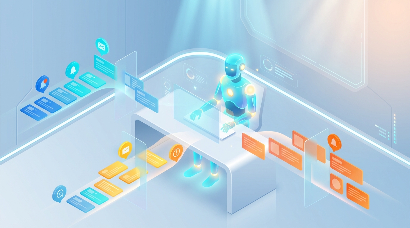 🎨 [ПРОМПТ]: Analytical, precise, pedagogical, structured, professional illustration of a glowing AI robot assistant sitting at a desk surrounded by dozens of floating task cards and notification bubbles, organized into color-coded pipelines, 16:9 aspect ratio, no text, no writing, no letters, tech blog cover