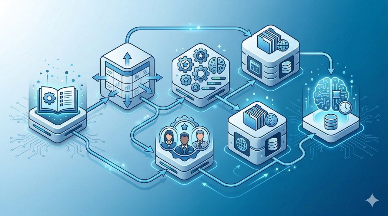 🎨 [ПРОМПТ]: Analytical, precise, pedagogical, structured, professional illustration of six interconnected database blocks labeled as roles, skills, resources, memory, dispatch table and instructions arranged in a clean flowchart, 16:9 aspect ratio, no text, no writing, no letters, tech blog cover