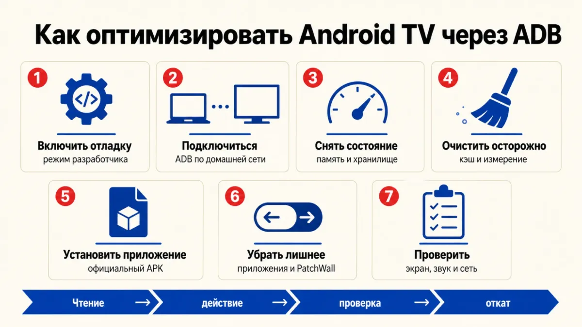 Безопасная оптимизация Android TV: от доверенного ADB-подключения и диагностики до обратимых изменений и проверки после перезагрузки.