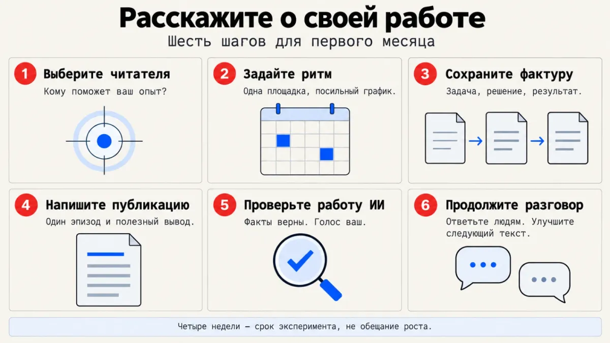 Шесть шагов для первого месяца. Четыре недели — срок эксперимента, не обещание роста.
