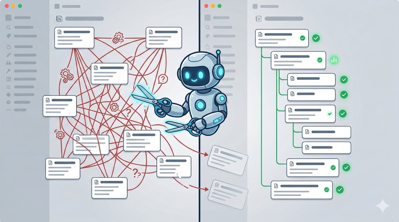 🎨 [ПРОМПТ]: Analytical, precise, pedagogical, structured, professional illustration of two conflicting data models inside a Notion database: messy relation lines vs clean parent/sub-item hierarchy, an AI agent cutting away legacy branches to reveal a clear structure, 16:9 aspect ratio, no text, no writing, no letters, tech blog cover