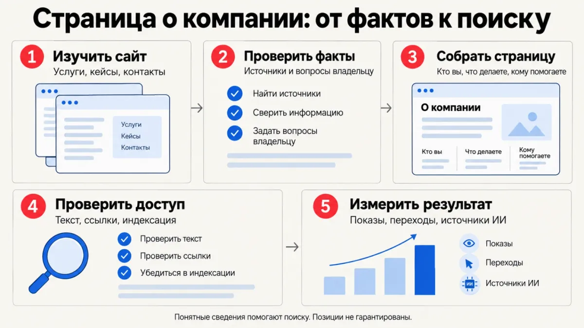 Порядок работы над страницей: изучить сайт, проверить факты, подготовить текст, проверить доступность и измерить результат.
