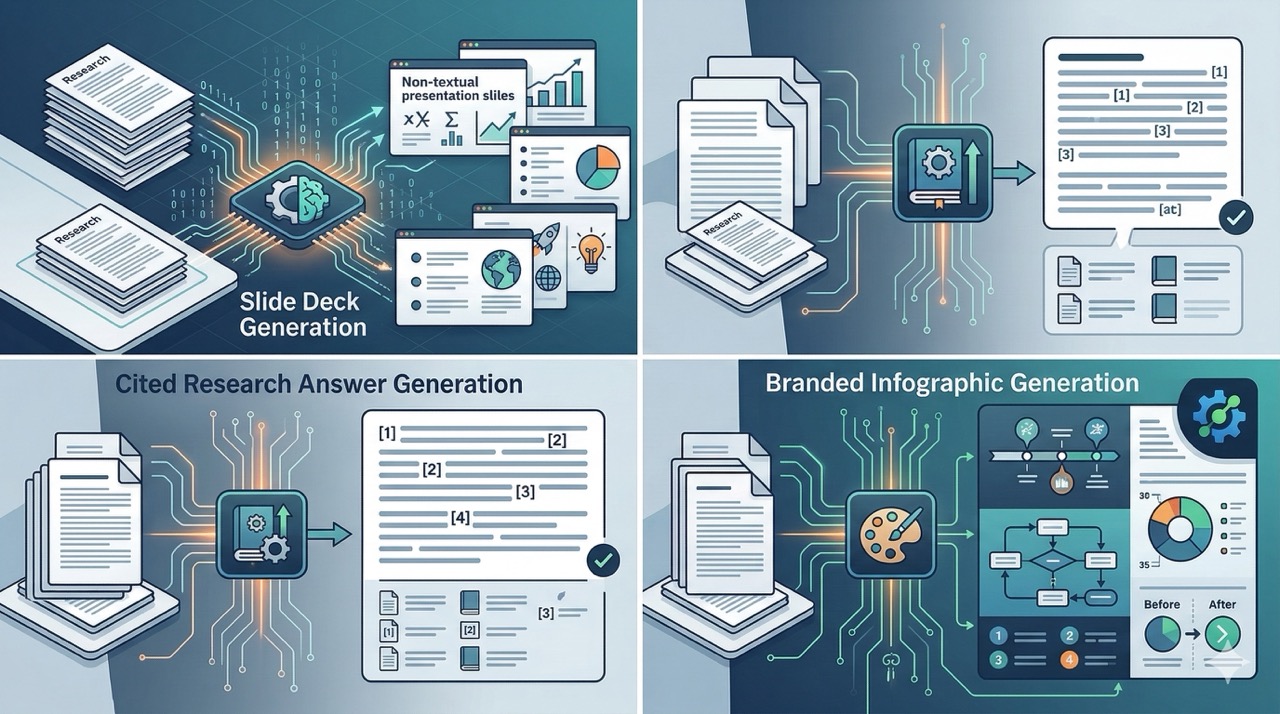 🎨 [ПРОМПТ]: Analytical, precise, pedagogical, structured, professional illustration of three panels showing a slide deck, a cited research answer, and a branded infographic being generated from a stack of source documents, 16:9 aspect ratio, no text, no writing, no letters, tech blog cover