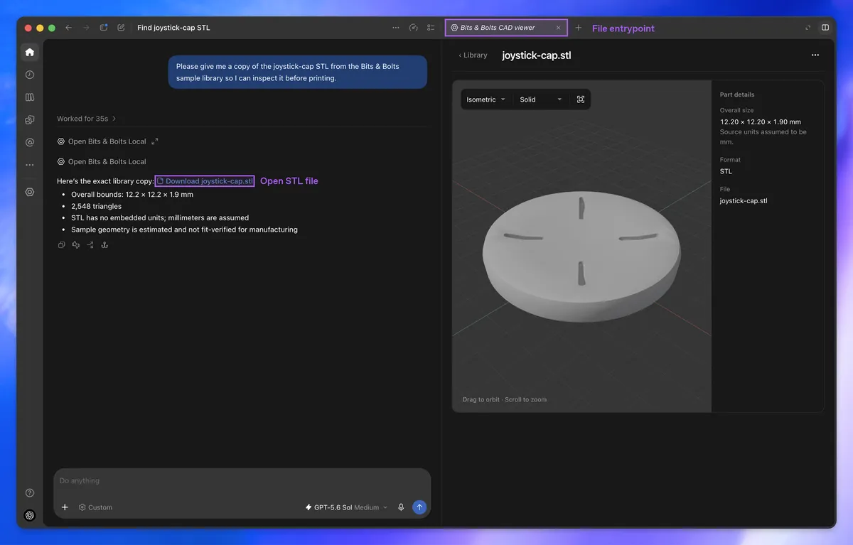 Просмотр STL-файла с 3D-моделью рядом с перепиской. Источник: OpenAI, репозиторий mcp-extensions.