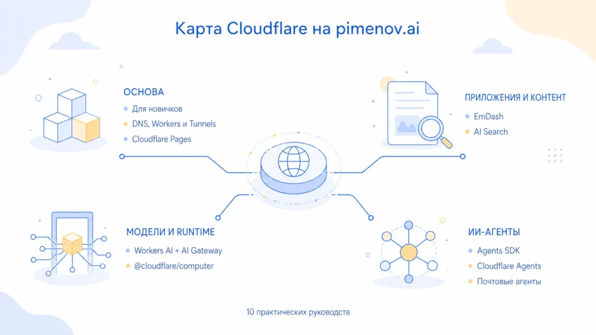 Карта десяти практических руководств Cloudflare на pimenov.ai.