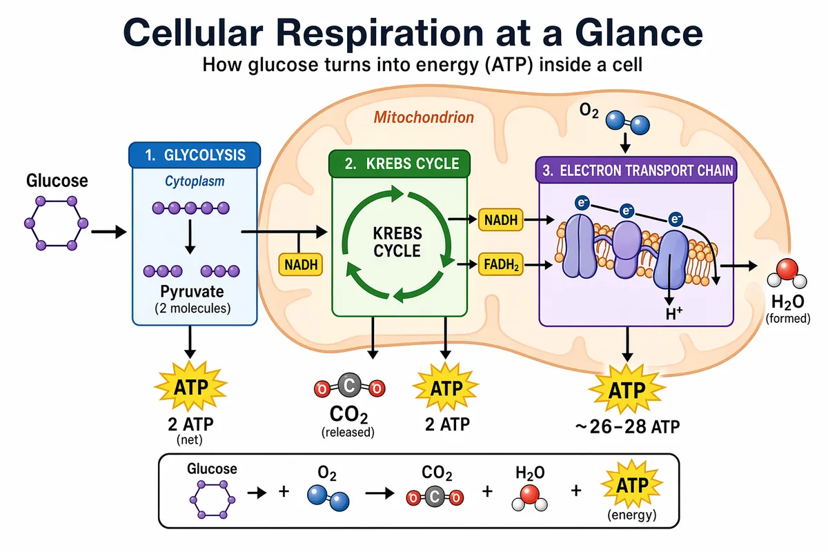 Учебная диаграмма «Cellular Respiration at a Glance» — gpt-image-2