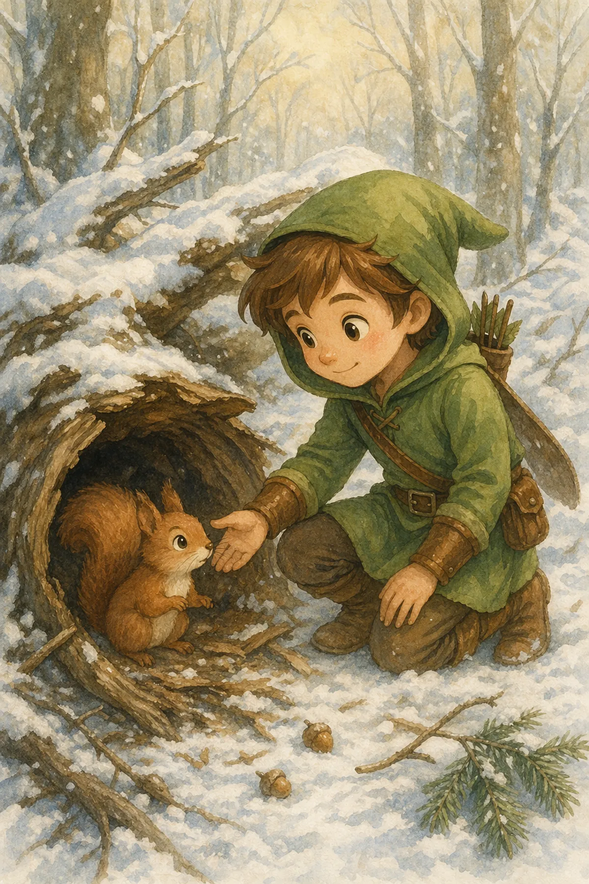 Тот же персонаж помогает белке после зимней бури — childrens_book_illustration_2_gpt-image-2.png