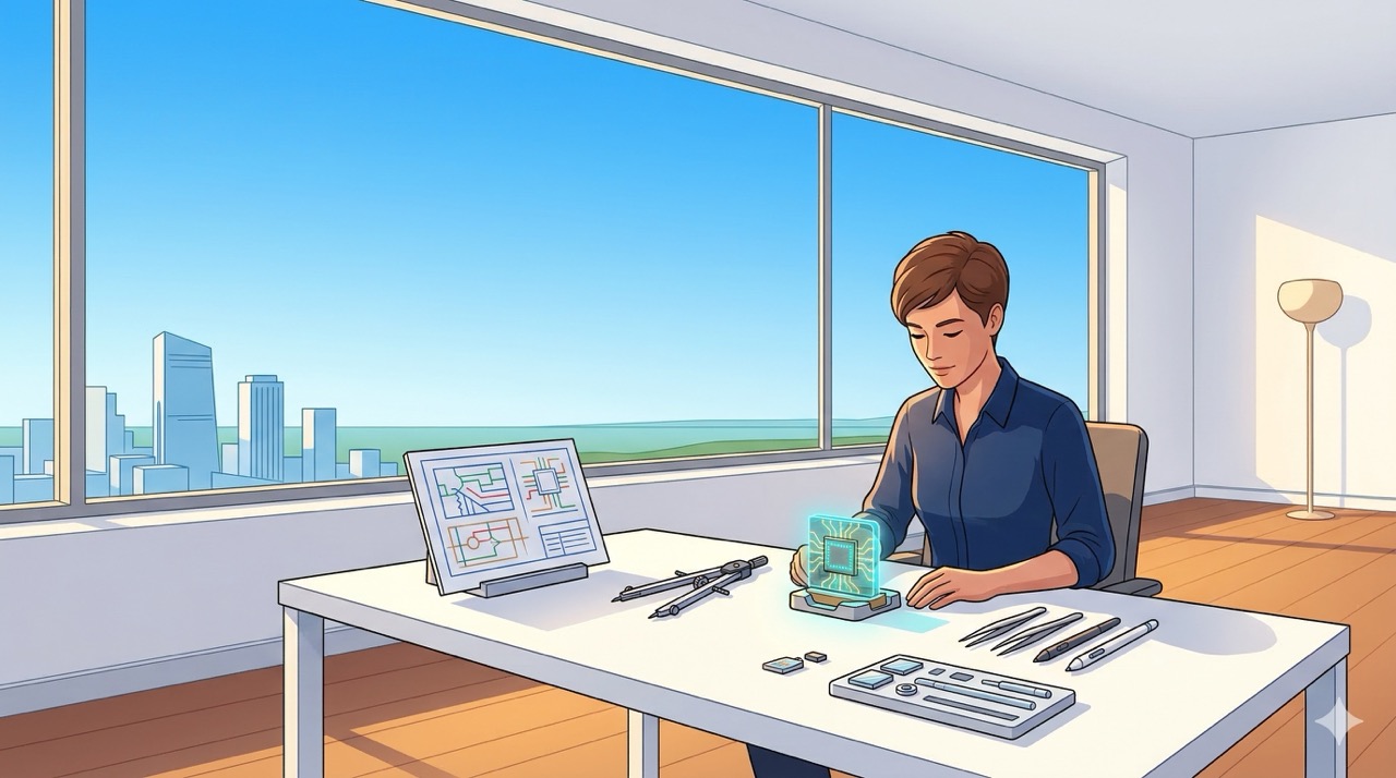 🎨 [ПРОМПТ]: Analytical, precise, pedagogical, structured, professional illustration of a person at a spacious white desk by a panoramic window with clear blue sky, surrounded by neatly organized custom tools — a compass, colored blueprints, a small glowing prototype — bright morning sunlight filling the room, warm soft shadows, clean airy atmosphere, 16:9 aspect ratio, no text, no writing, no letters, tech blog cover