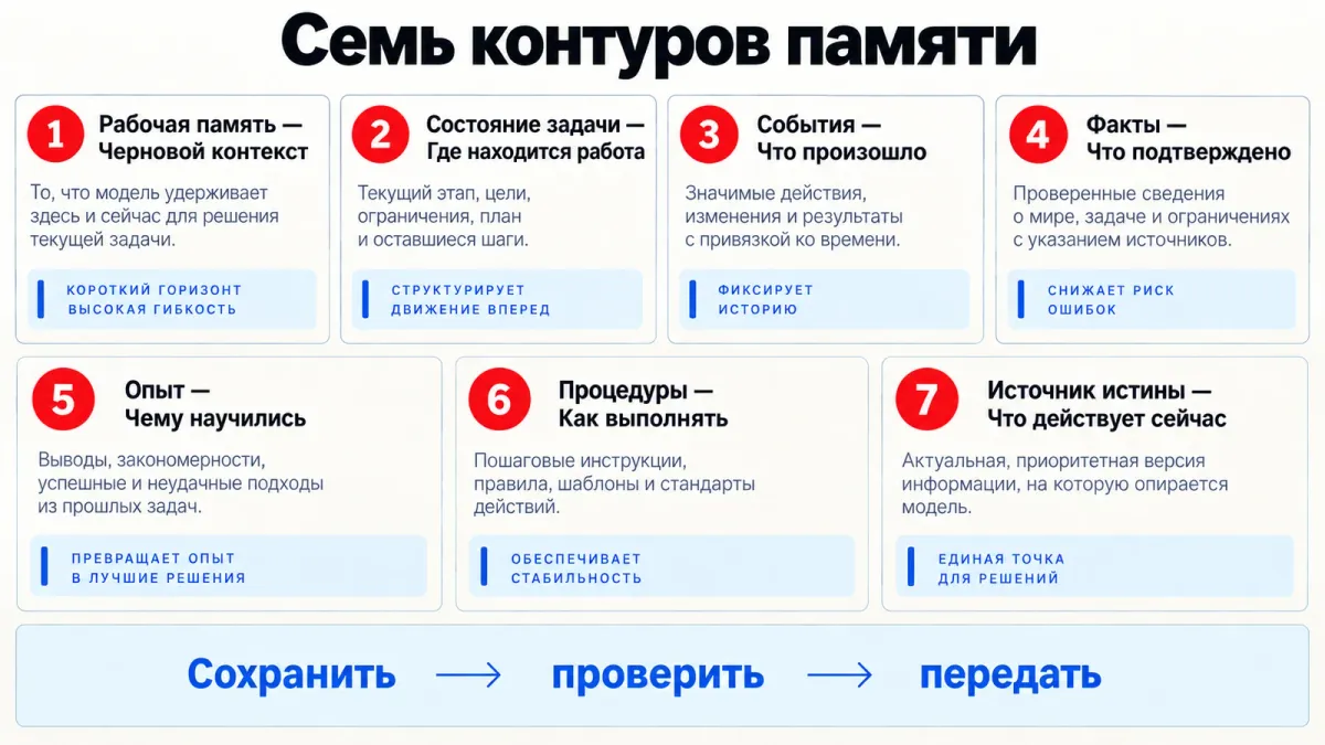 Семь контуров организационной памяти: рабочая память, состояние задачи, события, факты, опыт, процедуры и источник истины