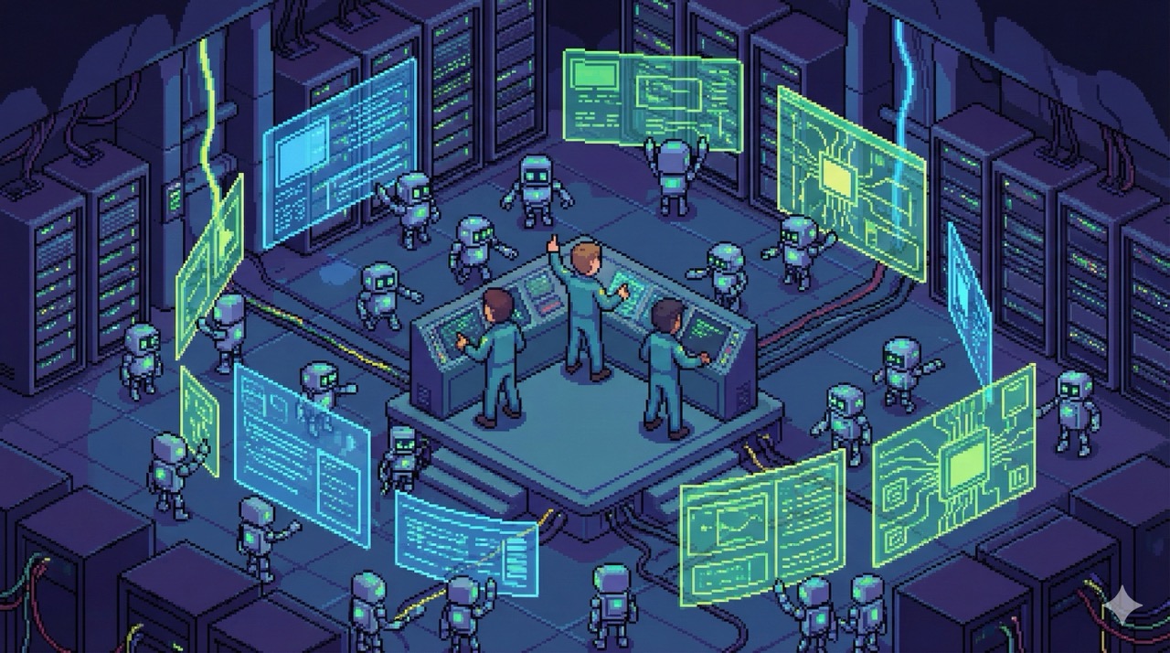 Isometric pixel art of a small team of three engineers directing dozens of robot agents working on glowing digital workspaces, overhead view, 16:9 aspect ratio, no text, no writing, no letters, tech blog cover