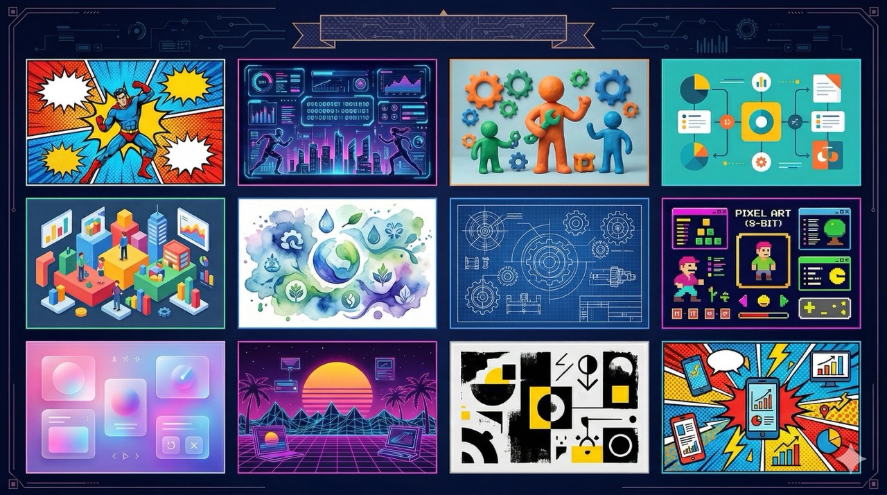 17 визуальных стилей для инфографики в NotebookLM: от ретро-комикса до пластилиновой анимации