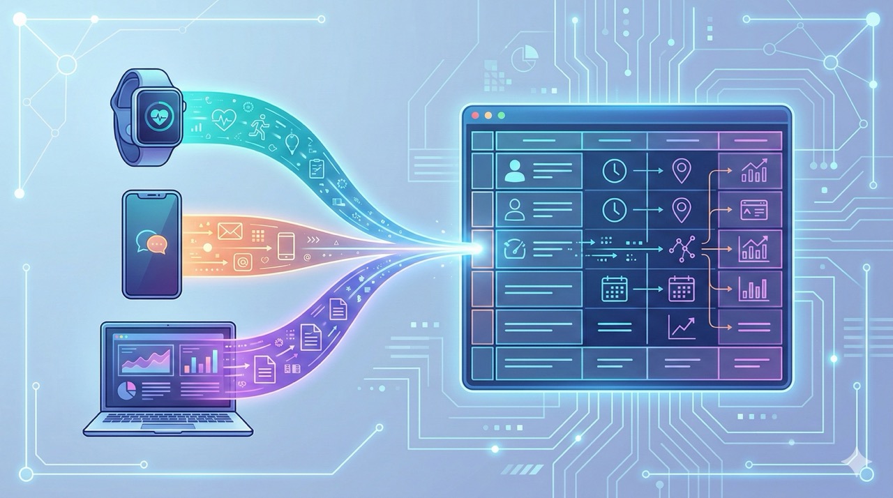 🎨 [ПРОМПТ]: Analytical, precise, pedagogical, structured, professional illustration of three data streams flowing from a smartwatch, a phone, and a laptop screen converging into a single structured database card, 16:9 aspect ratio, no text, no writing, no letters, tech blog cover